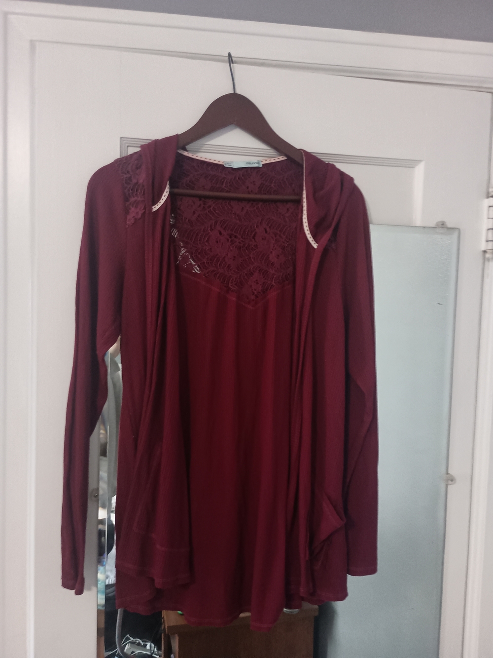 Maurices Burgundy Lace-Back Hooded Cardigan